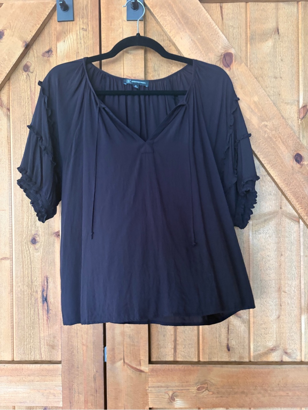 INC International Concepts Black V-Neck Tie Blouse with Ruffle Sleeves
